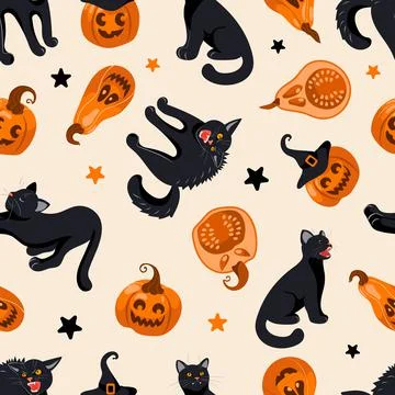 Halloween seamless pattern Black cat, witch hat, jack lantern, candy. On light Stock Illustration