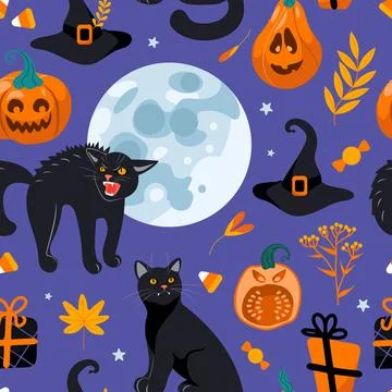 Halloween seamless pattern Black cat, moon, witch hat, gifts, jack lantern 스톡 일러스트