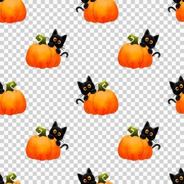 Halloween seamless pattern with black cat and pumpkin, festive element Stock Illustration