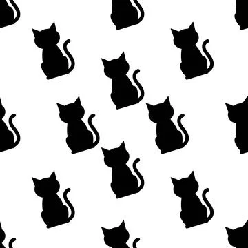 Halloween Seamless Pattern with Black Cat Silhouettes on White Background. 스톡 일러스트