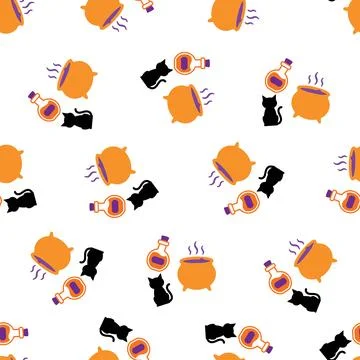 Halloween seamless pattern with black cat witch cauldron and magic potion b.. 库存插图