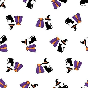 Halloween seamless pattern with black cat witch hat and cloak. Stockillustratie