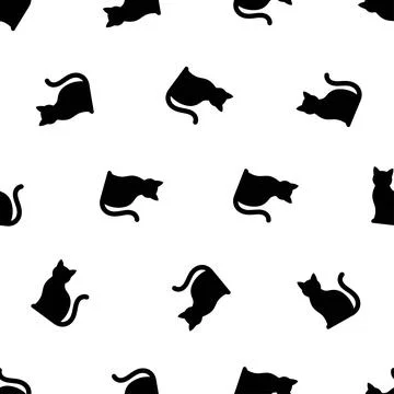 Halloween seamless pattern with black cat silhouettes on a white background.. 스톡 일러스트