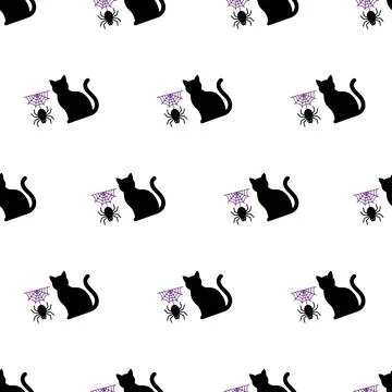 Halloween seamless pattern with black cats and spiders. イラスト素材
