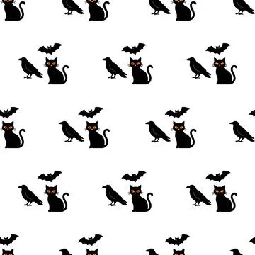Halloween seamless pattern with black cats bats and ravens. イラスト素材