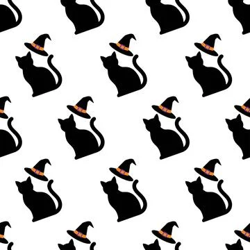 Halloween seamless pattern with black cats and witch hats. イラスト素材