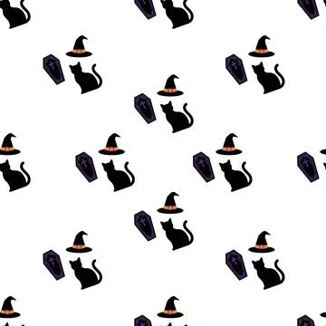 Halloween seamless pattern with black cats, witch hats, and coffins. イラスト素材