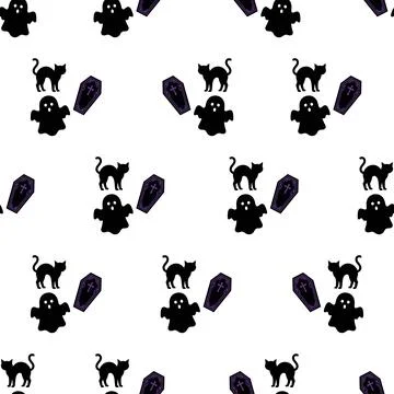 Halloween seamless pattern with black cats ghosts and coffins. イラスト素材
