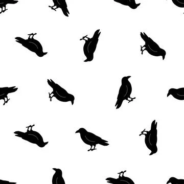 Halloween seamless pattern with black crows silhouettes on white background. Stock-Illustration