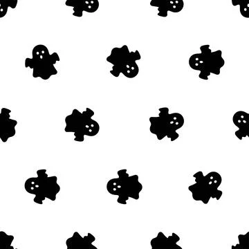 Halloween Seamless Pattern with Black Ghosts on White Background. Stock Illustration