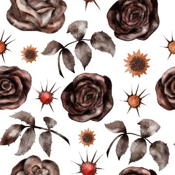 Halloween. Seamless pattern with black roses . Watercolor illustration Stock Illustration