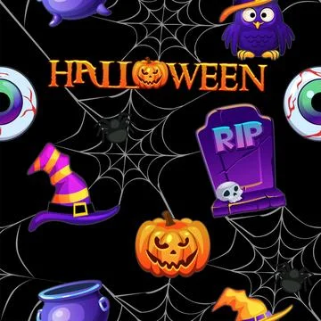 Halloween seamless pattern, black scary background with spiders. Stock Illustration