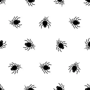 Halloween seamless pattern with black spiders and webs on white background. 스톡 일러스트