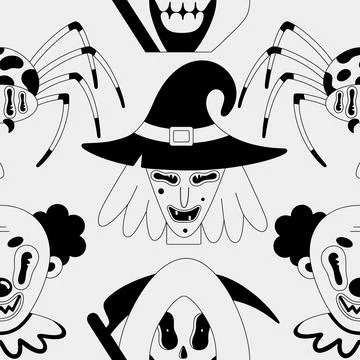 Halloween seamless pattern. Black spooky fantasy characters on white backgrou Stock Illustration