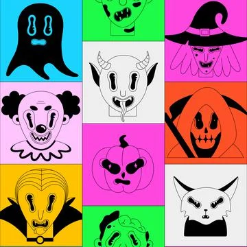 Halloween seamless pattern. Black spooky fantasy characters in bright frames. Stock Illustration