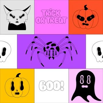 Halloween seamless pattern. Black spooky characters in bright frames. Poisono Illustrazione stock