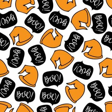 Halloween seamless pattern. Black talking bubble with white Boo lettering and Stock Illustration