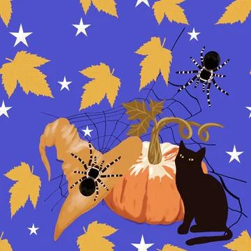 Halloween seamless pattern on blue background Stock Illustration