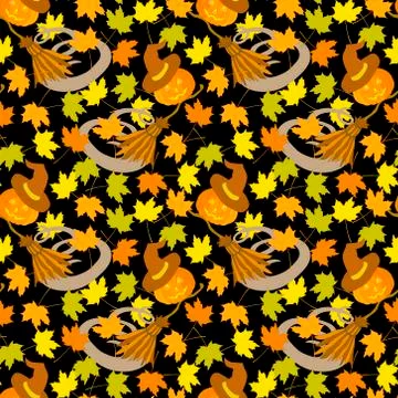Halloween Seamless Pattern Broom Pumpkin Hat Maple Leaves Autumn 스톡 일러스트