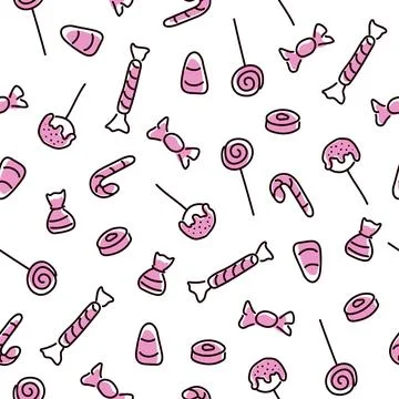Halloween seamless pattern with candy. Doodle style with pink color. Line art Stock Illustration