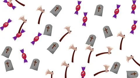 Halloween seamless pattern with candy icons, gravestones and axes on white Stock Illustration