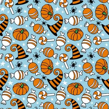 Halloween Seamless pattern with candy, witch hat, pumpkin, spider. Funny Happy Stock Illustration