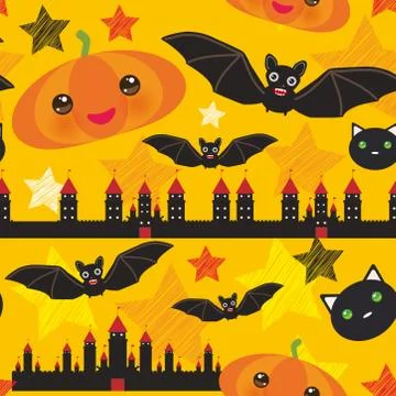 Halloween seamless pattern With Castle, Pumpkin, stars, bats, Black cat, yell Stock Illustration