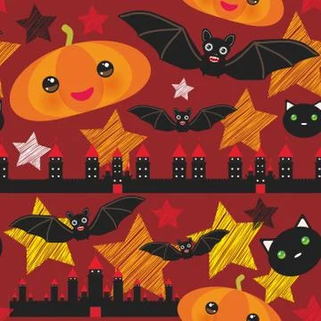 Halloween seamless pattern With Castle Pumpkin, stars, bats, night sky, Black Stock Illustration