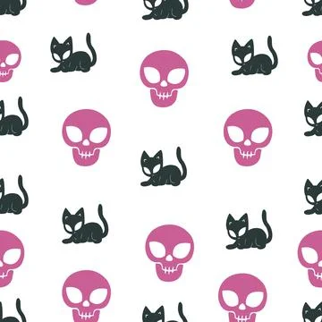 Halloween seamless pattern. Cat and skull. White background Stock Illustration