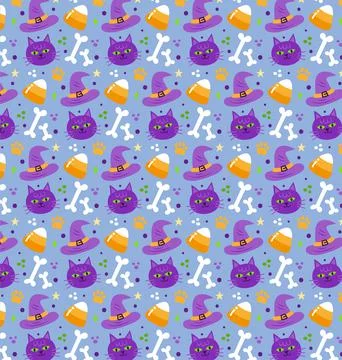 Halloween seamless pattern with cat faces and witch hats Stock Illustration