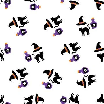 Halloween seamless pattern with cats and potion. イラスト素材