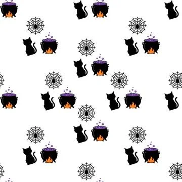Halloween seamless pattern with cats cauldrons and spider webs. Illustrazione stock