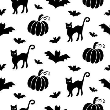 Halloween seamless pattern with cats, pumpkins and bats Stock Illustration