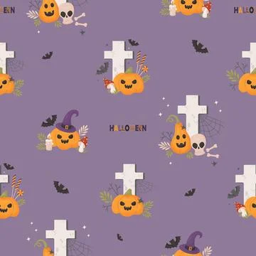 Halloween Seamless pattern. Cemetery grave cross with skull, pumpkin jack o.. Stock Illustration
