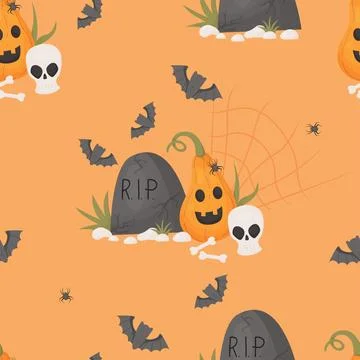 Halloween Seamless pattern. Cemetery headstone with skull, Jack pumpkin, bones Stock Illustration