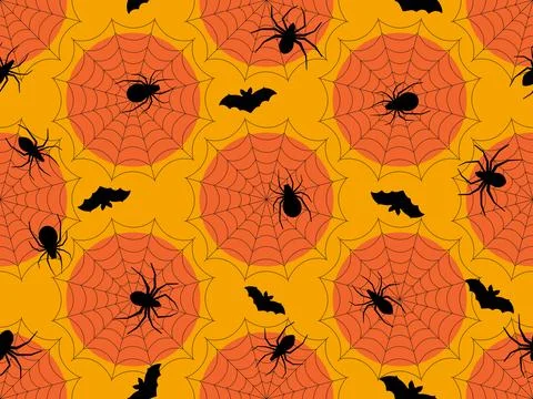 Halloween seamless pattern with cobwebs and spiders, bats in black on an oran 스톡 일러스트