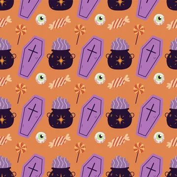 Halloween seamless pattern with coffin cauldron candy and eyeball on orange 스톡 일러스트