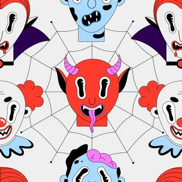 Halloween seamless pattern. Colorful spooky characters on white background. V Illustrazione stock