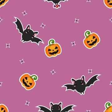 Halloween seamless pattern with cute bats and pumpkins purple background fl.. Stockillustratie