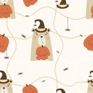 Halloween seamless pattern. Cute bear in witch hat with pumpkin Jack on light ba 스톡 일러스트