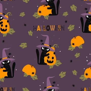 Halloween Seamless pattern. Cute Black Cat in Witch Hat With spider and Pum.. 스톡 일러스트