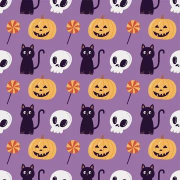 Halloween seamless pattern with cute black cat pumpkin skull and lollipop on Ilustração Stock