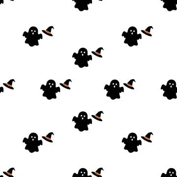 Halloween seamless pattern with cute black ghosts and witch hats. Stock Illustration
