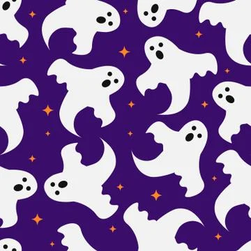 Halloween seamless pattern with cute cartoon ghosts on purple background. Eas Illustrazione stock