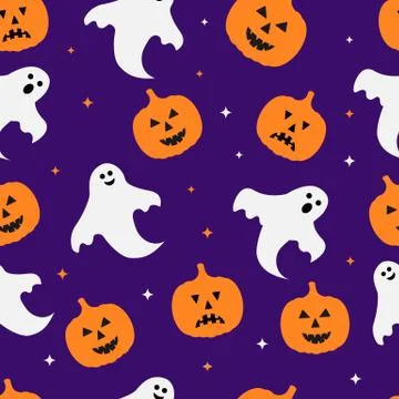 Halloween seamless pattern with cute cartoon pumpkins   and ghosts on purple  Illustrazione stock