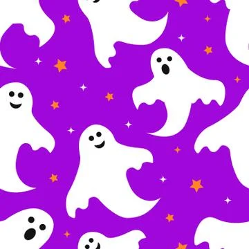 Halloween seamless pattern with cute cartoon ghosts on purple background. Eas Illustrazione stock