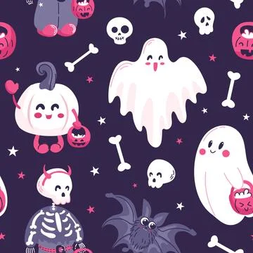 Halloween seamless pattern. Cute cartoon characters in purple colors. Baby Illustrazione stock