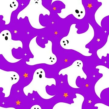 Halloween seamless pattern with cute cartoon ghosts. Vector background for .. Illustrazione stock