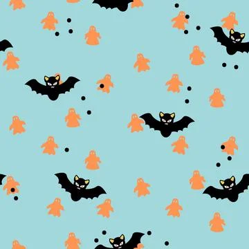 Halloween seamless pattern with cute cartoon black spooky bats and orange g.. Stock Illustration