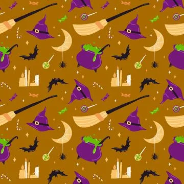 Halloween seamless pattern with cute esoteric elements. Spooky vector illustr Stock Illustration